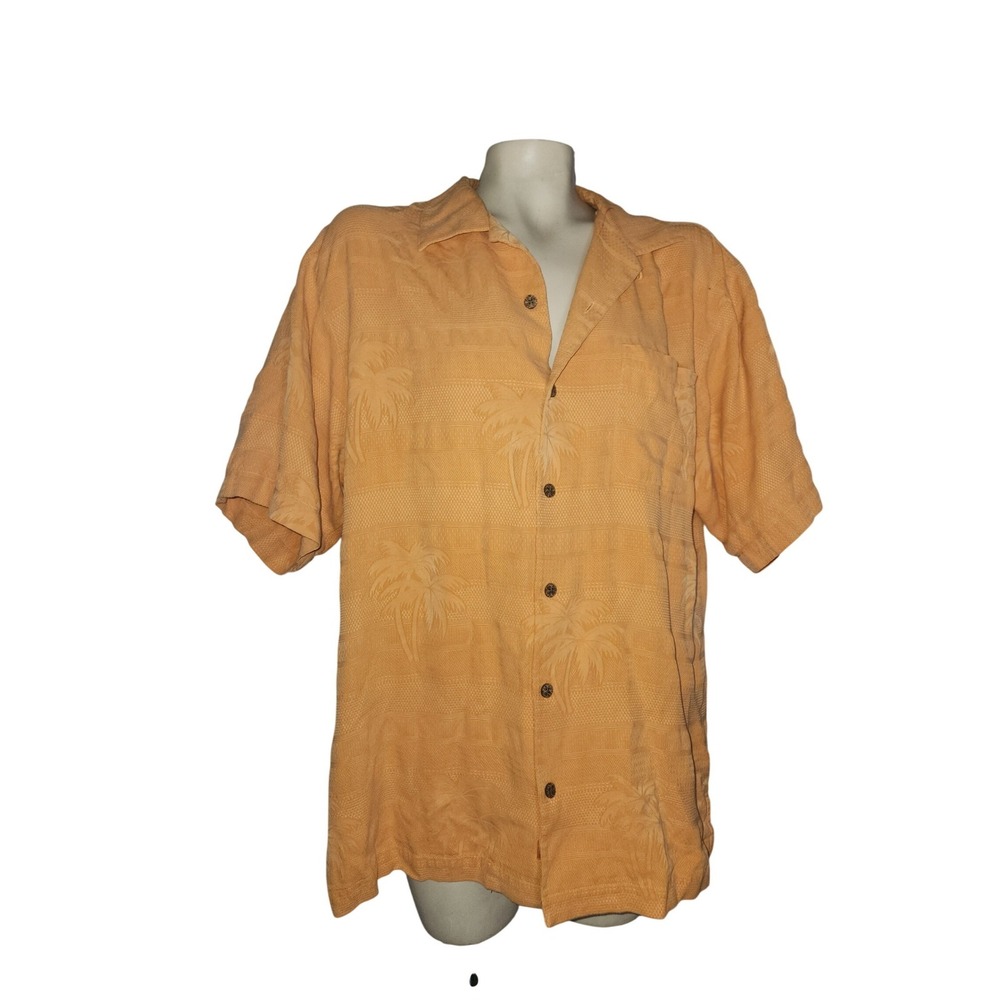 Tommy Bahama Mens M Orange 100% Silk Palm Tree Jacquard Camp Shirt beach coastal